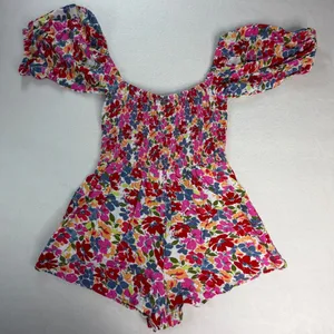 Roxy Womens Floral Smocked Puff Off Shoulder Sleeve Romper Pink Size Large thumbnail 8