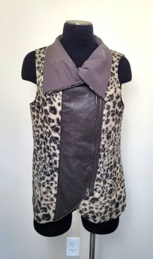 Elaine Kim Fur and Leather Vest Zip Biker Lagenlook Animal Print Size Large thumbnail 1