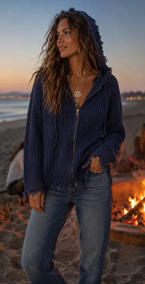 Frayed-Hem Hooded Zip Cardigan Sweater in Navy thumbnail 1