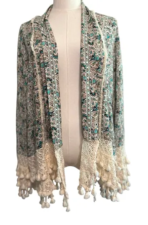 ENTRO Women's Floral Vest Type Open Cardigan Crochet Trim Wide Sleeves Sz L Chic thumbnail 1