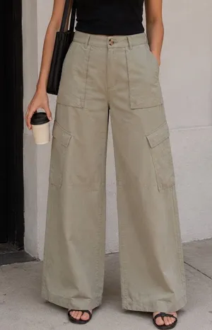 MNG Mango Cargo Pants Woman 6 Beige Wide Leg Lightweight Utility Casual Trousers thumbnail 1