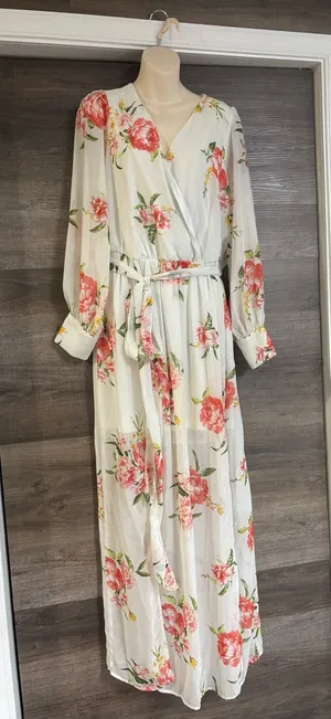 Cream Floral Wrap Maxi Dress with Pink Blooms thumbnail 1