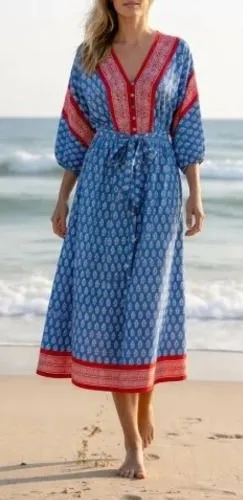 J. Crew Beachwear Blue Red Floral Block‎ Print Midi Dress Tie Waist Women's XS thumbnail 1