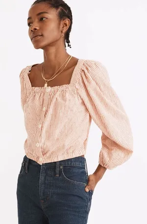 Madewell Puff-Sleeve Button-Front Crop Top in Embroidered Stripe XS thumbnail 1
