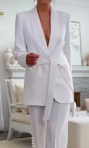 ZARA Tuxedo Blazer With Waist Tie Suit Jacket White thumbnail 9