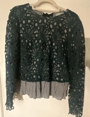 Maeve Anthropologie Gabriella Green Lace and Gingham Peplum Long Sleeve Top thumbnail 4