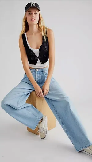 MOTHER Puddle Snacker Jeans Womens 29 Fun Dip Blue High Rise Wide Leg Denim thumbnail 1