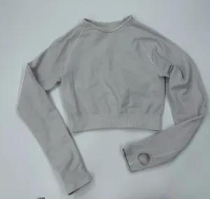 Gym Top Crop Top Long Sleeve Tee Round Neck Cropped Fitted Blouse Shirt Sport Top thumbnail 1