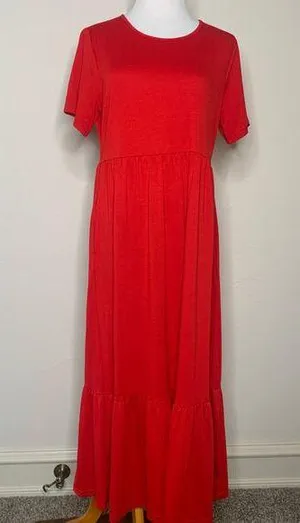 Red Babydoll Tiered Ruffle T Shirt Dress Pockets Sz Large? thumbnail 1
