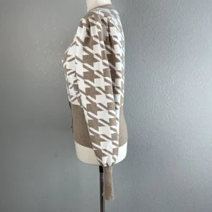 Joie Crop Houndstooth V-Neck‎ Button Cardigan Size XS Puff Sleeve Beige White thumbnail 4