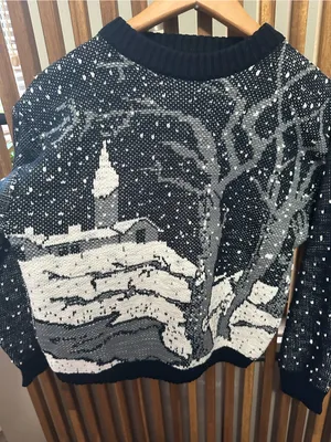 VTG Extra Black White Winter Scenic Snow Village Knit Sweater Size XS thumbnail 5