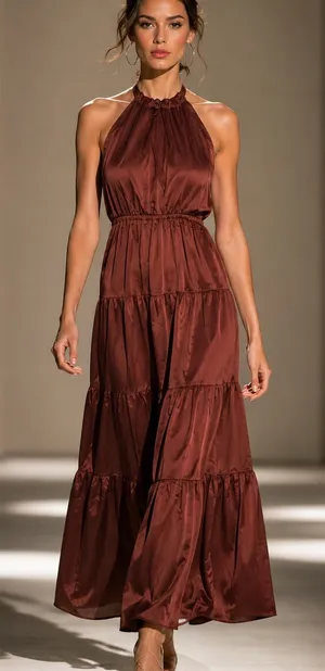 Love by Design Brown Satin Halter Tiered Maxi Dress XS NWT thumbnail 1