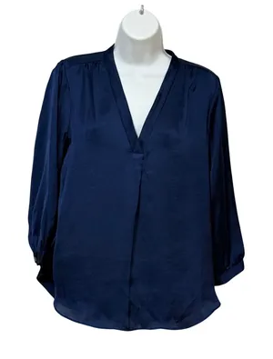 Vince Camuto Navy Blue Satin V-Neck Long Sleeve Blouse Small NEW thumbnail 1