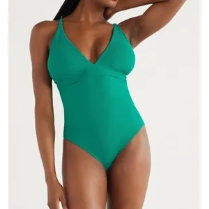 Time And Tru Womens One Piece Swimsuit Size M Green Ocean Ribbed Crisscross Back thumbnail 2