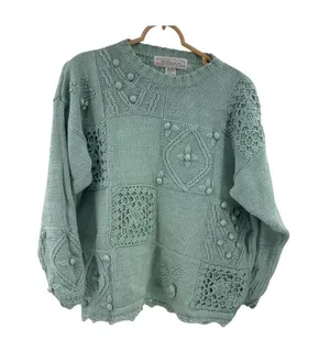 Melbourne Elements Pom Pom crochet Knit Patchwork Sweater sage L cottage thumbnail 1