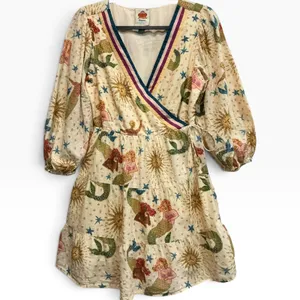 Farm Rio Anthropologie Mermaid Celestial Wrap Mini Dress Cream Embroidered Small thumbnail 4