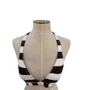PilyQ Godiva Banded Halter Bikini Top Brown White Stripe NWT‎ Size Large thumbnail 4