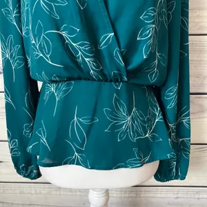 Lush Teal Floral Long Sleeve Peplum V Neck Wrap Blouse thumbnail 3