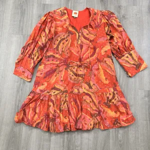 Farm Rio Dress Women's Size Large Red Banana Juice Boho Puff Sleeve Tie Mini thumbnail 2