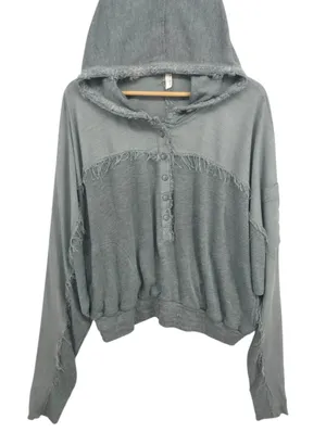 FP Movement by Windy Meadows Washed Gray Frayed Henley Hoodie thumbnail 4