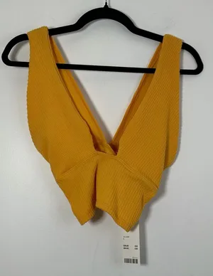 Urban Outfitters Mustard Yellow Ribbed Deep V Halter Crop Top Size Large NWT thumbnail 1