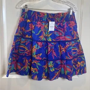 NWT J. Crew Tropical Floral Smocked Tiered Mini‎ Skirt Crochet Trim Boho Medium thumbnail 1
