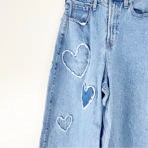 SOCIAL TOURIST Blue Ultra High Rise Baggy Hearts Patches Wide Leg Jeans 26 Boho thumbnail 12