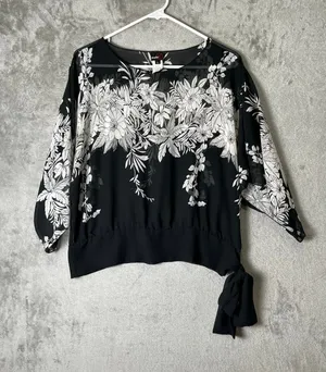 Vintage Y2K Floral Sheer Blouse Tie Hem 3/4 Sleeve Womens Large Black Baddie 90s thumbnail 1