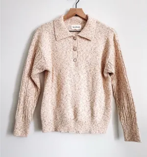 Heartloom Oatmeal Speckled Collared Knit Button Front Sweater Top XS thumbnail 1