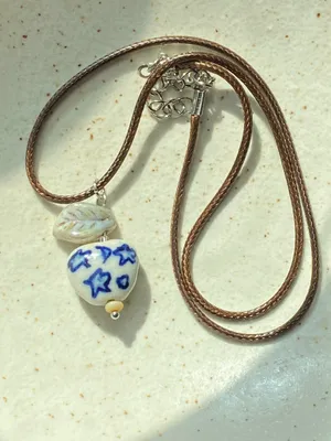 Handmade celestial porcelain heart bead & Czech leaf unique boho fairy whimsical necklace🌙🌀🌟 thumbnail 3