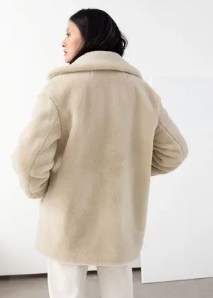 & Other Stories Cream Faux Fur Wool Blend Collared Coat thumbnail 3