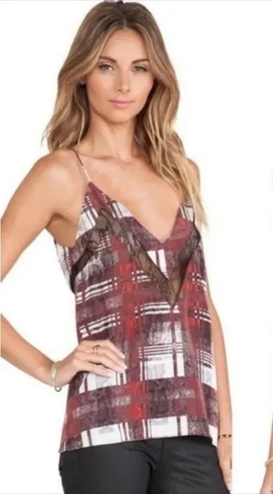 Lovers + Friends Plaid Camisole‎ Tank Top Women's Size Large Lace Trim V-Neck thumbnail 1