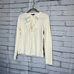 Lauren Jeans Co Ruffle Front ¼-Button Long Sleeve White Top Preppy M Blouse Y2K thumbnail 9