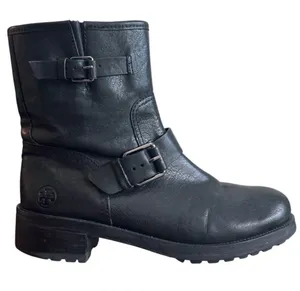 Tory Burch Chrystie Moto Boots Black Leather Buckle Lug Sole 8.5 thumbnail 1
