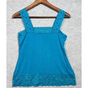 Y2K Tank Top Size S Petite Halogen Lace Trim Tank Top Teal Blue Stretch thumbnail 5