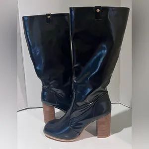 Leila Stone Vegan Black Patent Leather Cynira Knee-High Boots Block Heel Size 10 thumbnail 3
