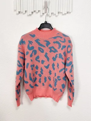 Coral Pink Blue Leopard Print Knit Crewneck Pullover Statement Sweater Size L thumbnail 2