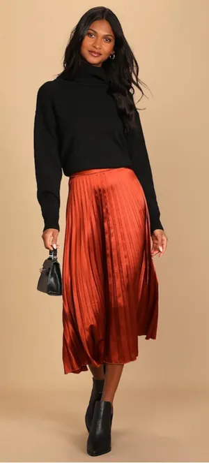 Lulus Fashionable Babe Rust Brown Satin Pleated Midi Skirt thumbnail 1