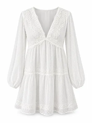 Lulus White Swiss Dot Lace Long Sleeve Babydoll Mini Dress M thumbnail 2