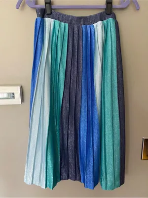 Maeve Anthropologie Sunburst Metallic Blue Pleated Midi Skirt Paneled Patchwork thumbnail 4
