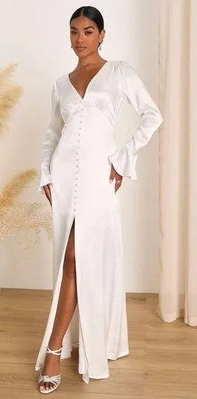 Lulus Elegant Celebration White Satin Long Sleeve Slip Maxi Dress Bridal Size M thumbnail 1