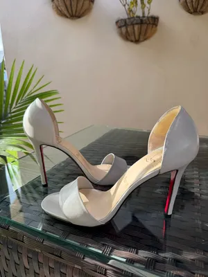Christian Louboutin Light Grey Leather Open-Toe Stiletto Heels with Red Sole thumbnail 3