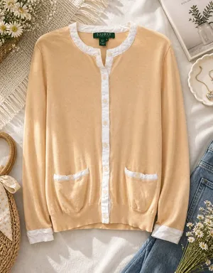 Lauren‎ Ralph Lauren Beige Cotton Cardigan Button Front Lightweight Sweater M thumbnail 1