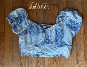 blue and white floral Hollister patchwork crop smocked top thumbnail 1