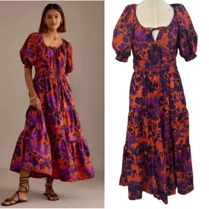 Anthropologie The Somerset Puff-Sleeve‎ Maxi Dress Floral Orange Purple Small thumbnail 2
