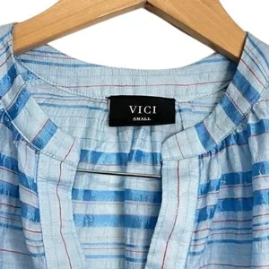 VICI Blue White Striped Metallic Ruffle Sleeve V-Neck Blouse Size Small thumbnail 4