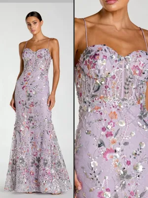 NWOT MAC DUGGAL 69049 Purple Spaghetti Strap Floral Embroidered Trumpet Gown thumbnail 2