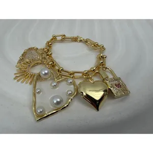 Gold Tone Heart Charm Bracelet Pearl Crystal Paperclip Chain Statement NEW thumbnail 2