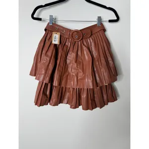 Vestique Camel Brown Vegan Faux Leather Belted Tiered Short Mini Skirt Small NWT thumbnail 2