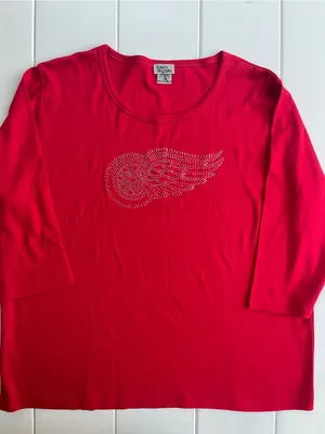 Isaac’s Design Detroit Red Wings Hockey 3/4 Sleeve Rhinestone Top, Size 1XL thumbnail 1